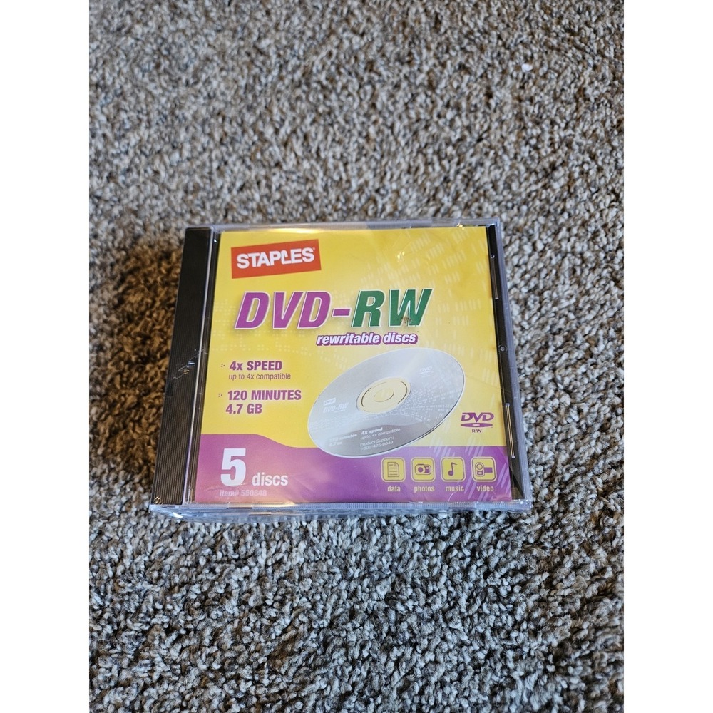 Staples DVD-RW 5 Pack 120 MIN. 4.7 GB Rewritable 5 Disc‎ Set New Sealed